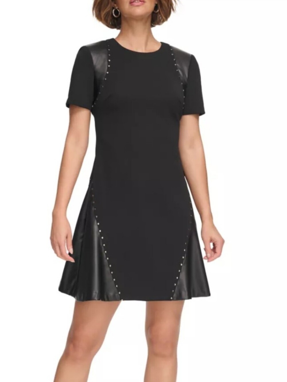 DKNY NWT Petite 10P Black Studded Faux Leather Panel Sheath Dress Career